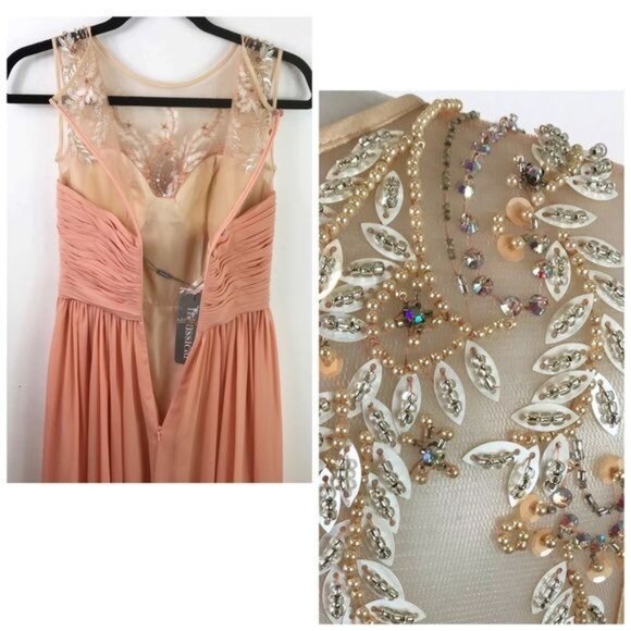 Franssical peach beaded gown with sheer panels & crew neck ruched dress 2 - Picture 9 of 11